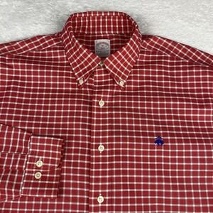 Brooks Brothers Shirt Mens Medium Hot Red/White Checks No Iron Embroidered 346